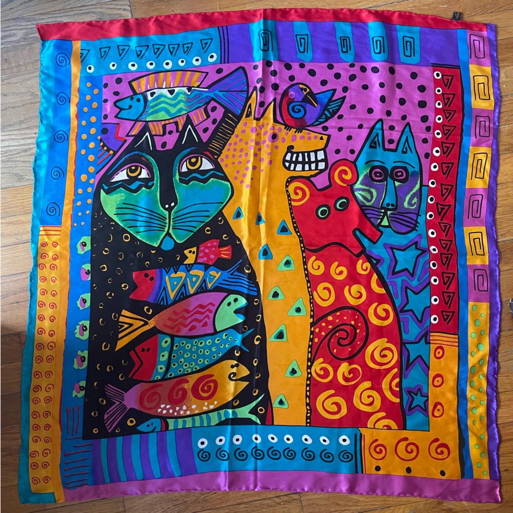 90s LARGE Laurel Burch whimsical Cat dog funky cat scarf 33” x 34”